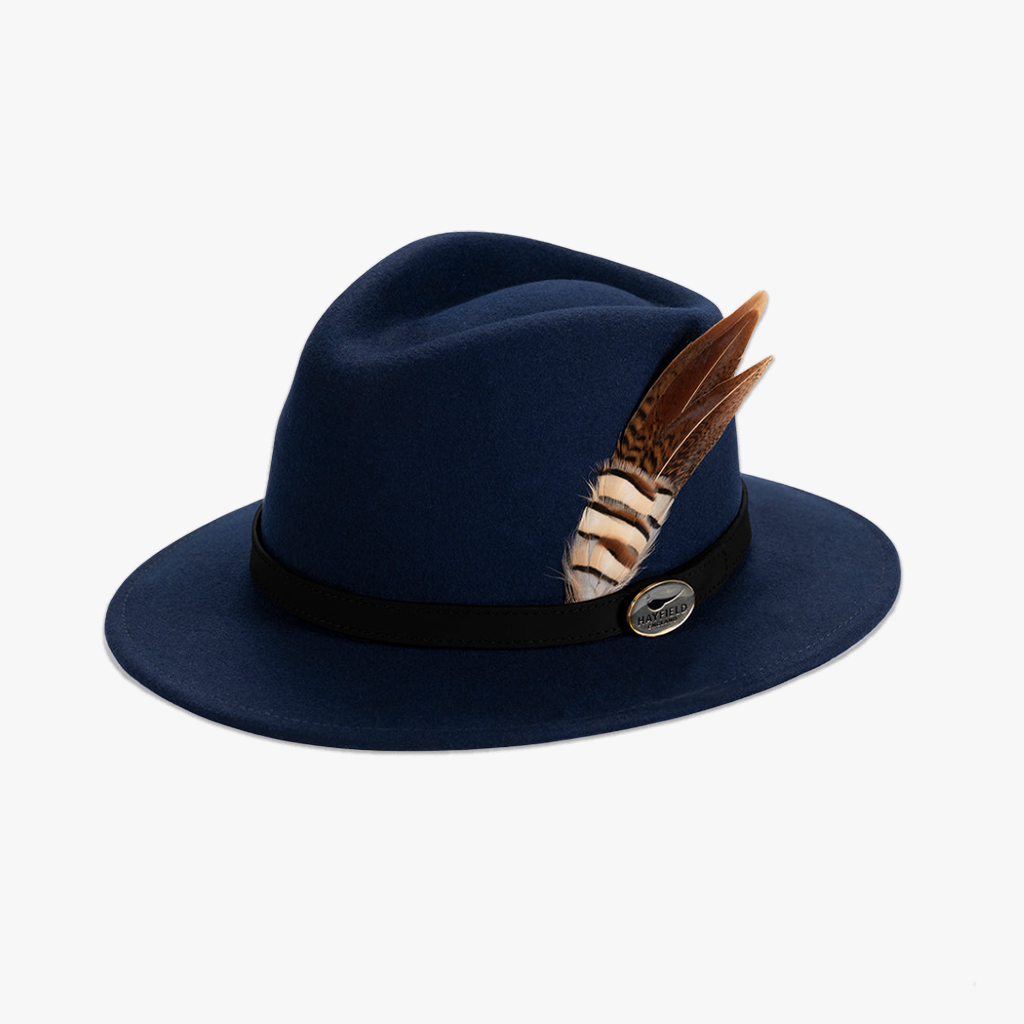 navy blue wool fedora hat with feathers