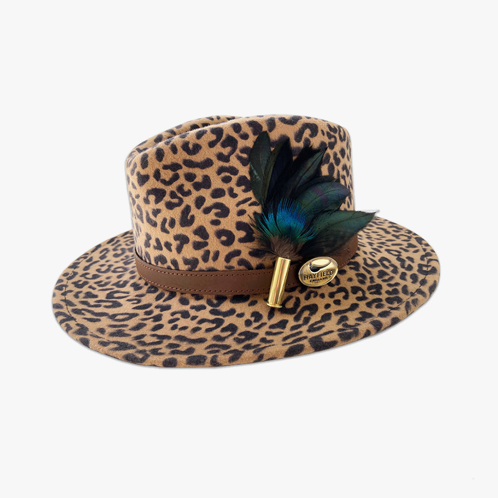animal print wool fedora hat with feather hat pin/brooch