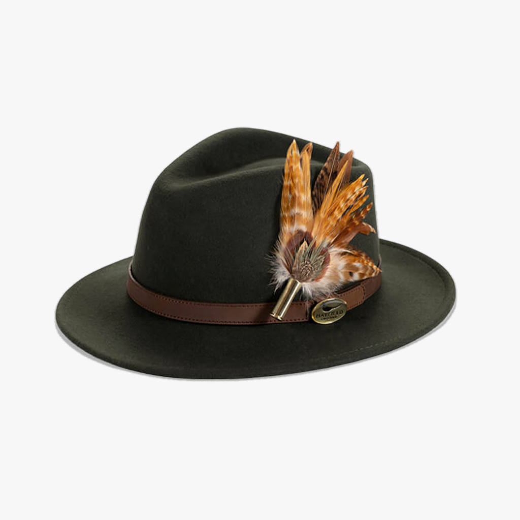 green wool fedora hat with feather pin/brooch
