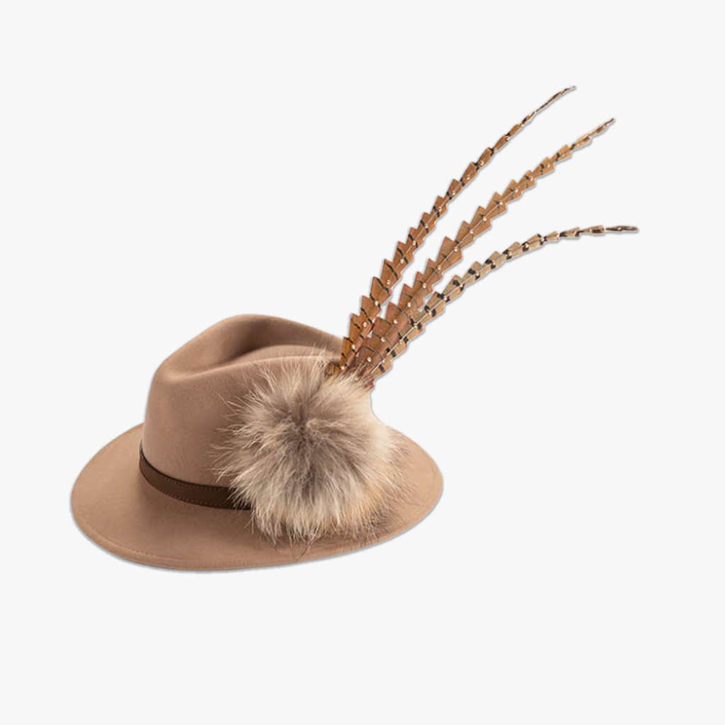 camel wool fedora with swarovski crystals and feathers