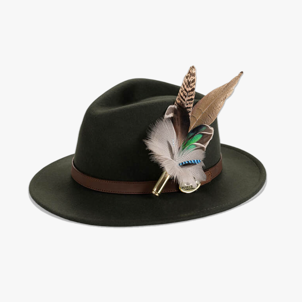 green wool fedora hat with feather pin/brooch