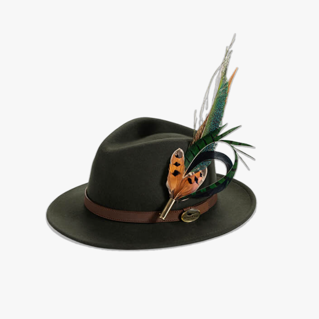 green wool fedora hat with feather pin/brooch