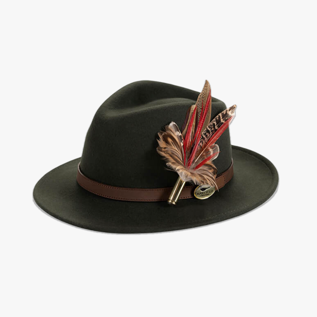 green wool fedora hat with feather pin/brooch