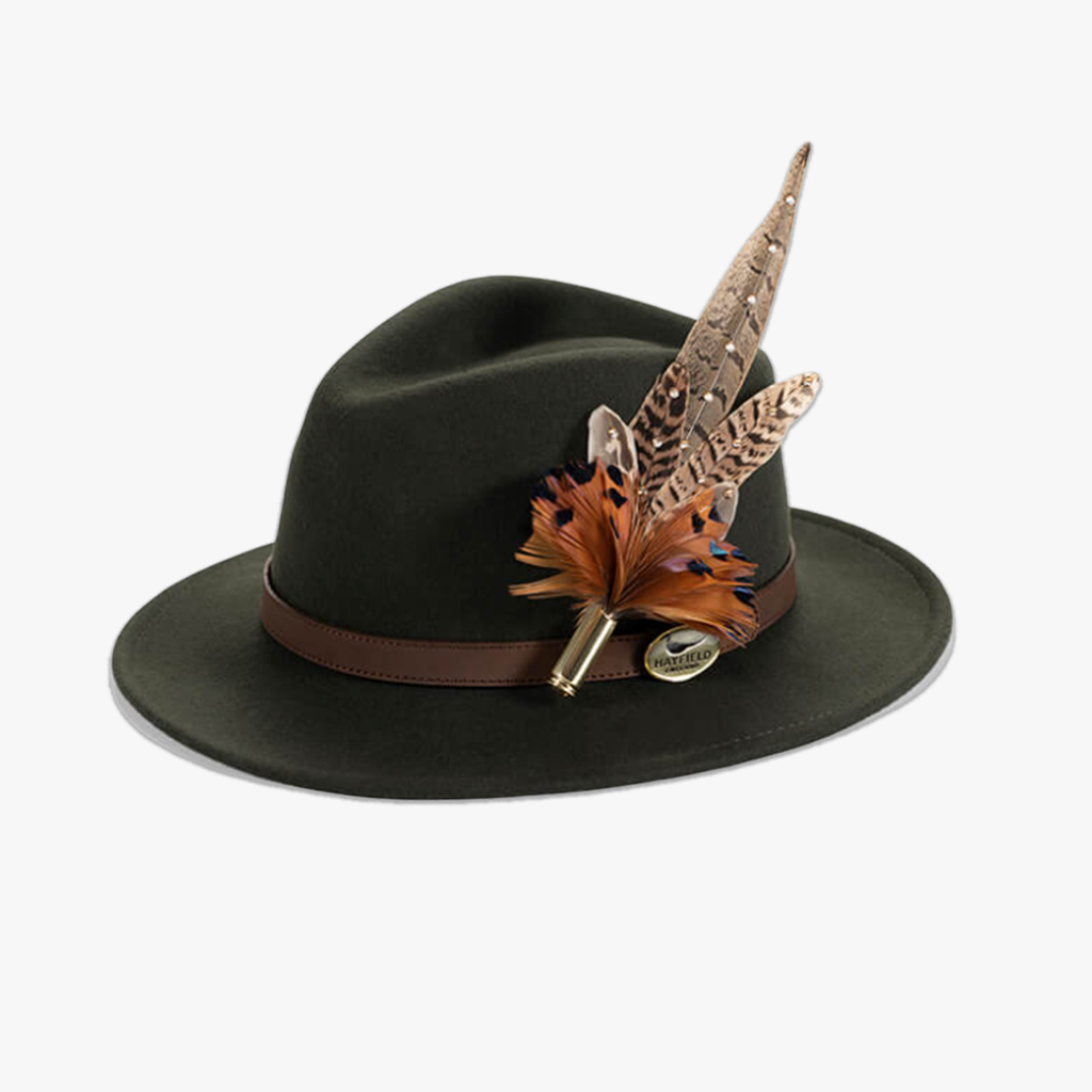 green wool fedora hat with feather pin/brooch