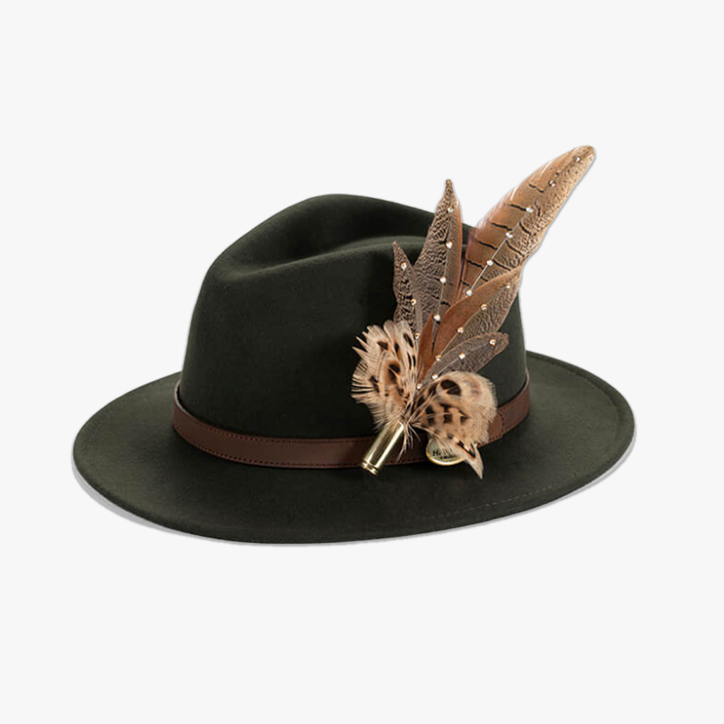 green wool fedora hat with feather hat pin/brooch