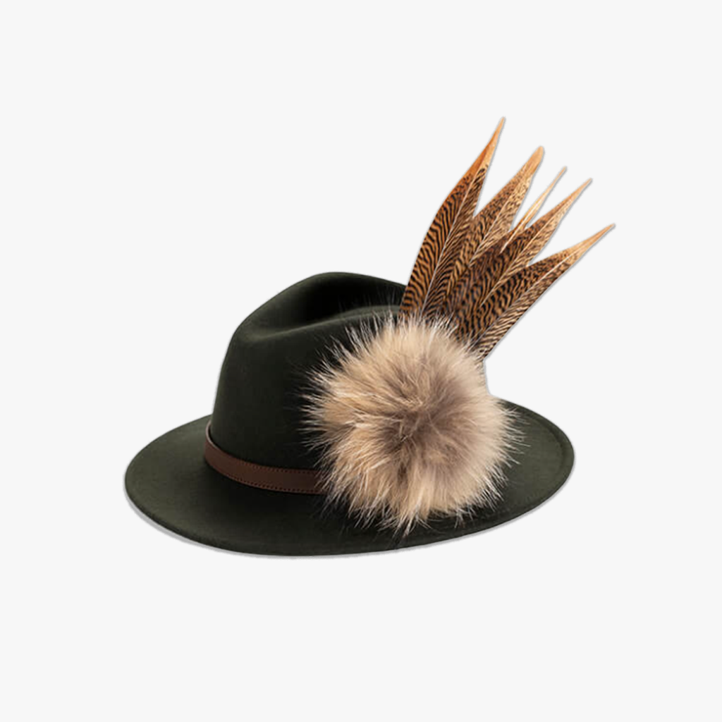 green wool fedora hat with pom pom feather hat pin/brooch