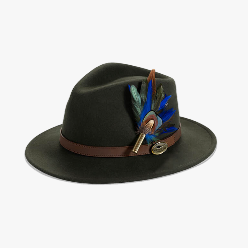 green wool fedora hat with feather hat pin/brooch
