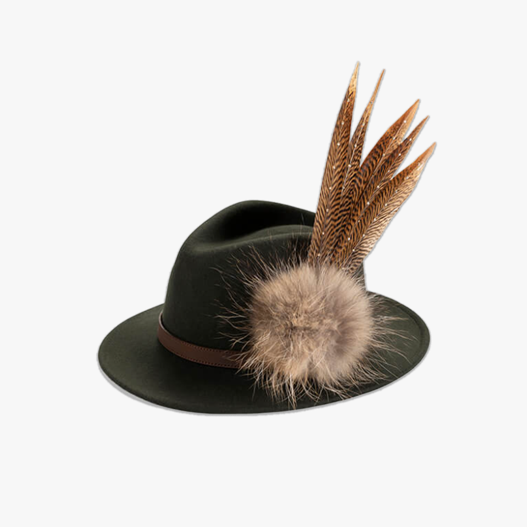 green wool fedora hat with pom pom feather hat pin/brooch