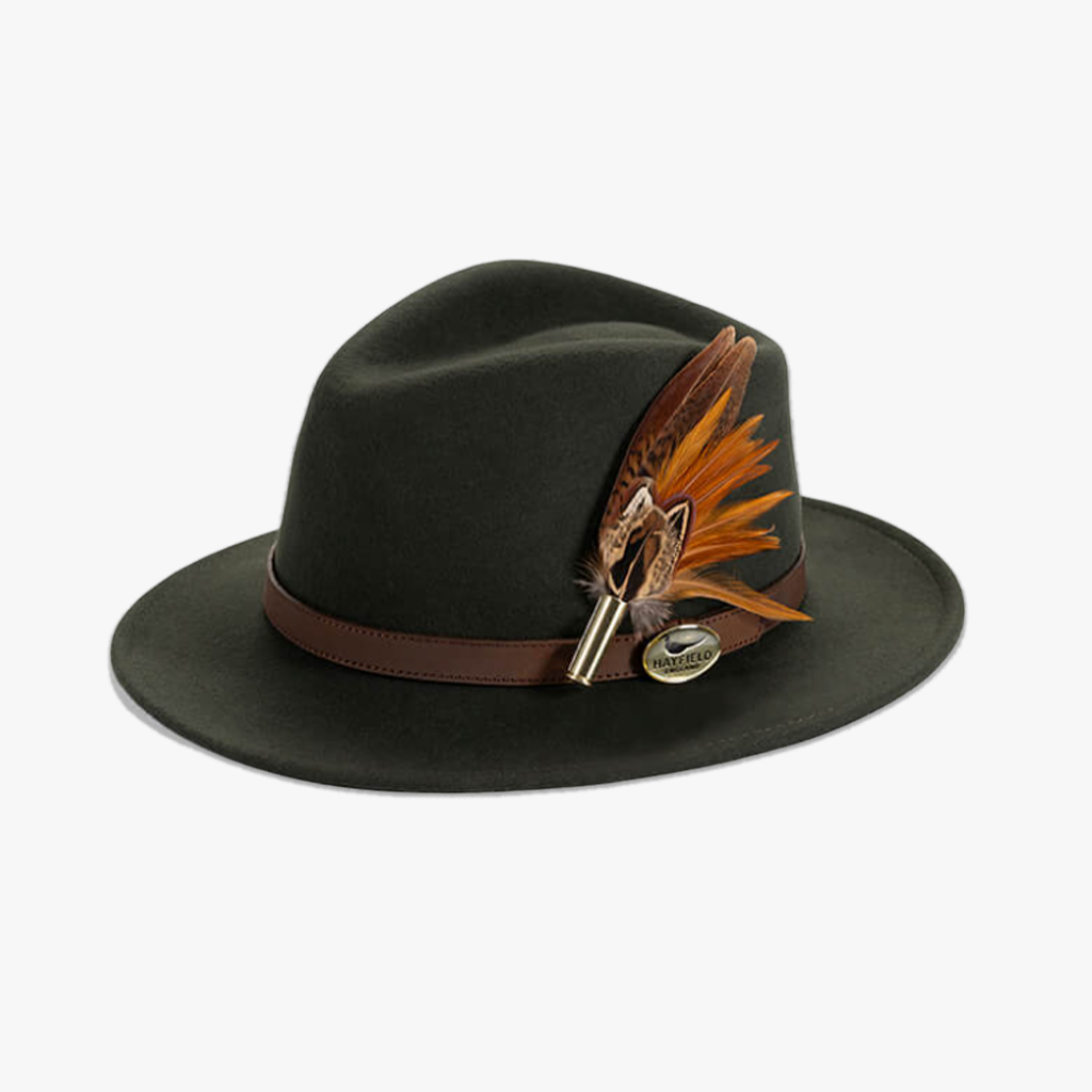 green wool fedora hat with feather hat pin/brooch