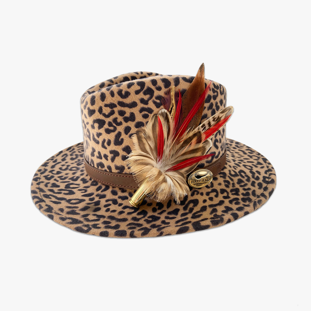 animal print wool fedora hat with feather hat pin/brooch