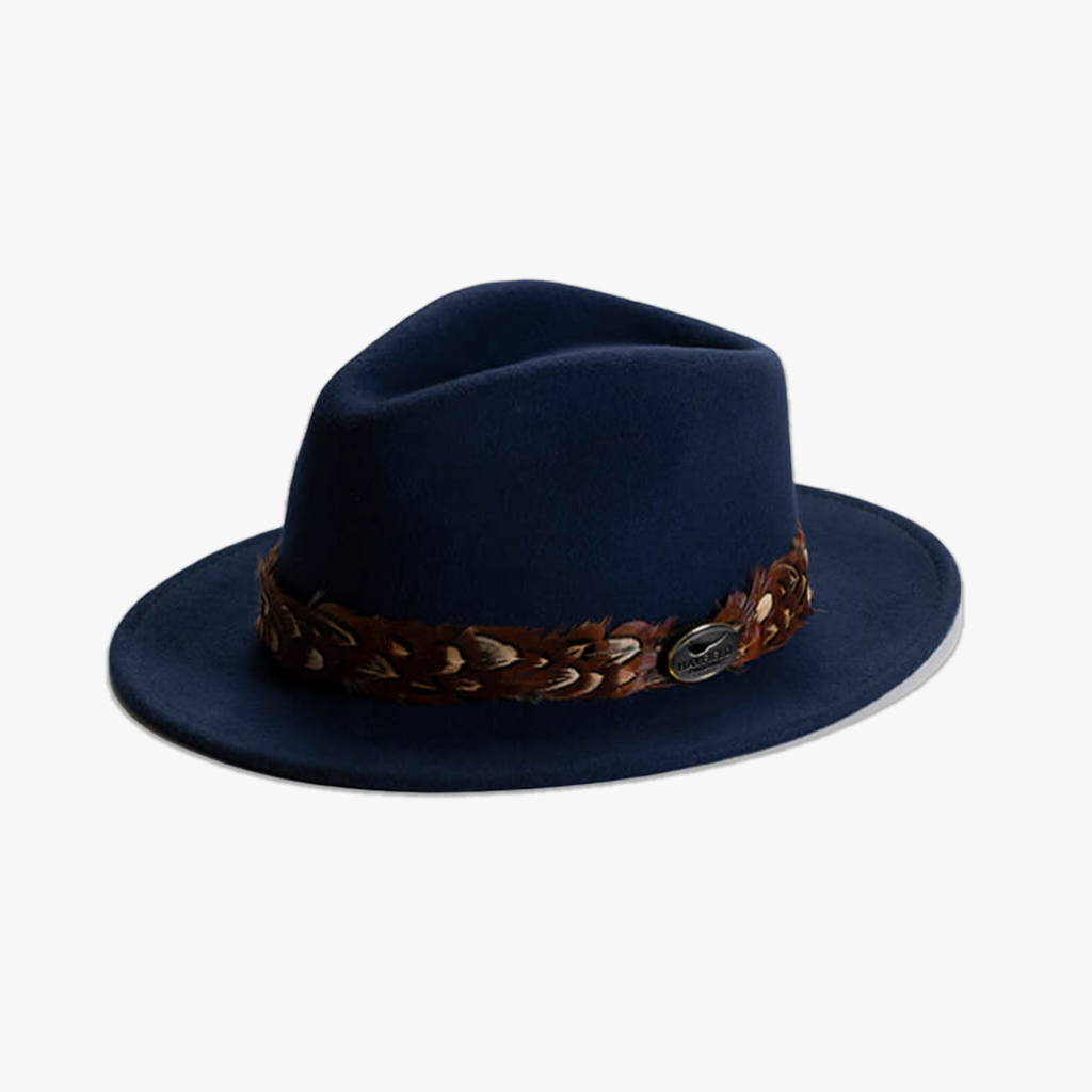 navy blue pheasant feather wrap wool fedora hat