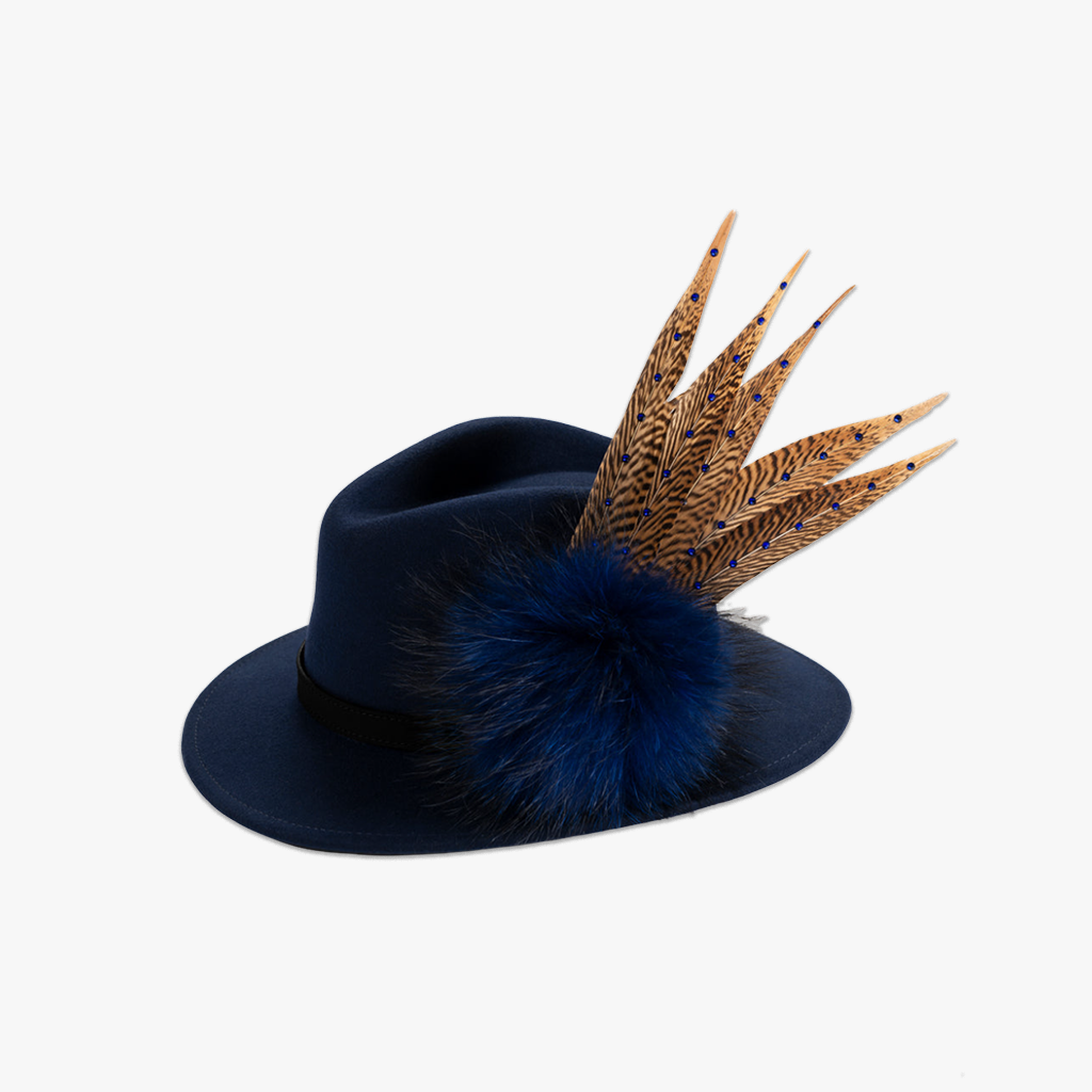 navy blue wool fedora hat with feather hat pin