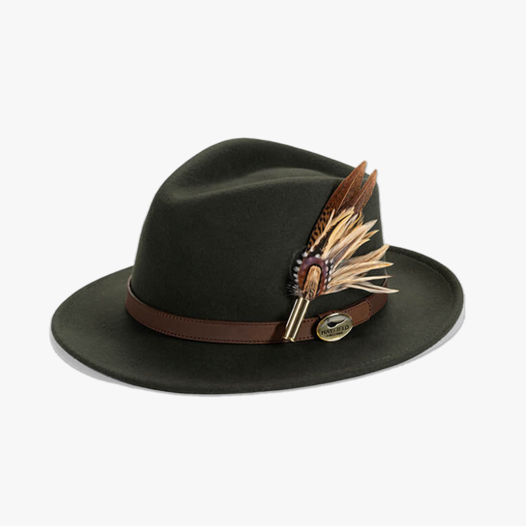 green wool fedora hat with feather hat pin/brooch