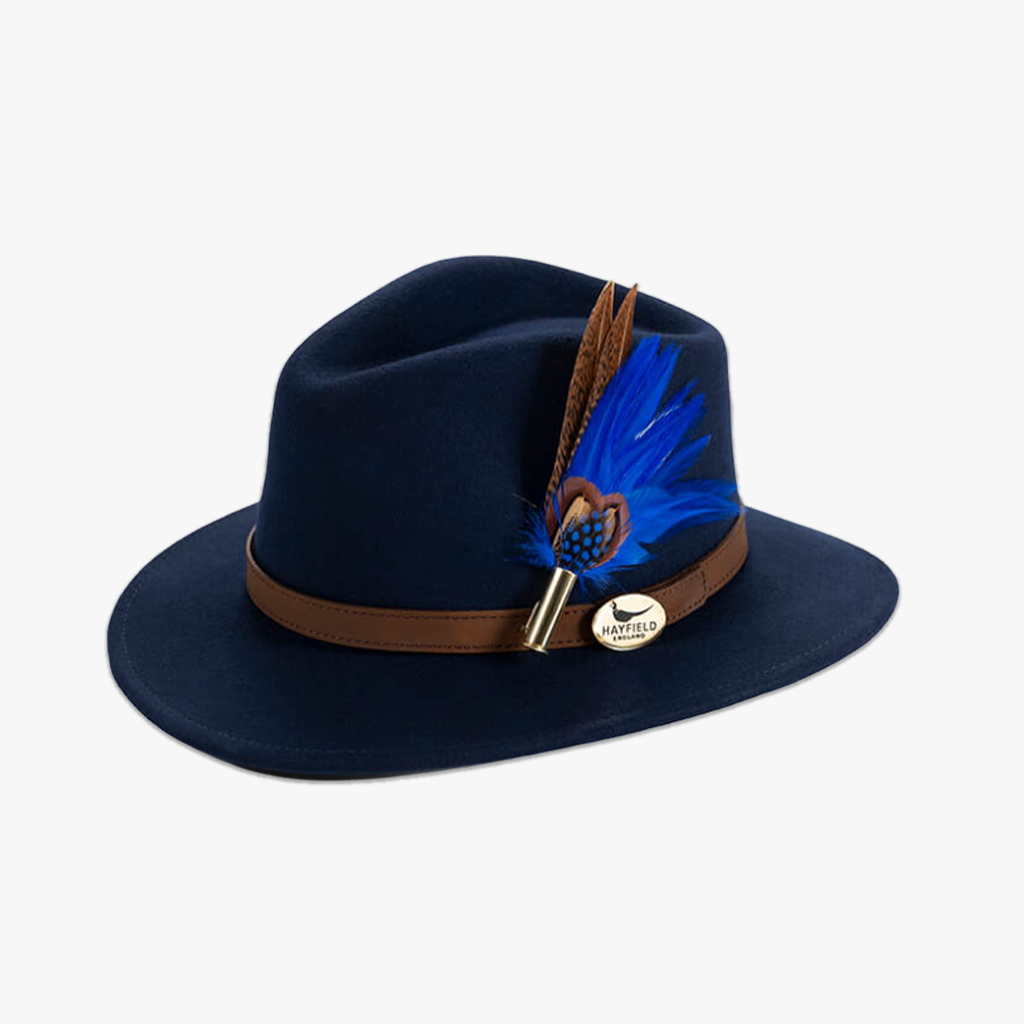 navy blue wool fedora hat with feather hat pin