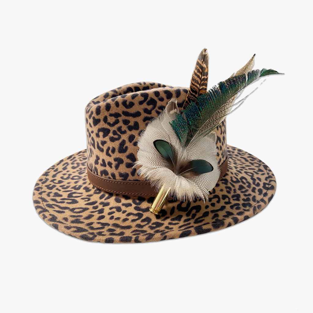 animal print wool fedora hat with feather hat pin/brooch