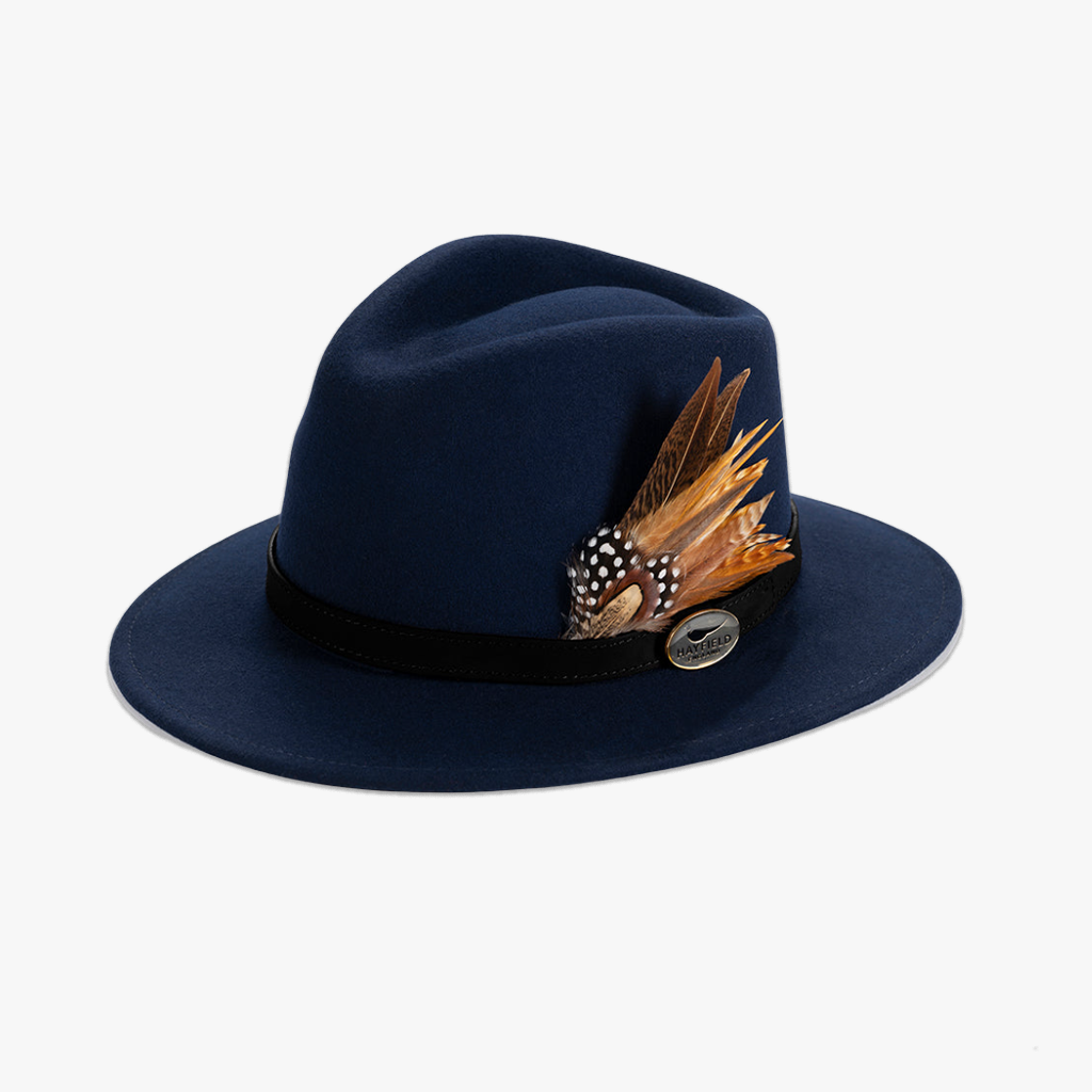 navy blue wool fedora hat with feathers