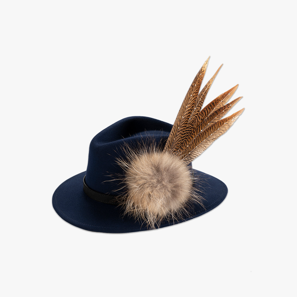 navy blue wool fedora hat with feather hat pin
