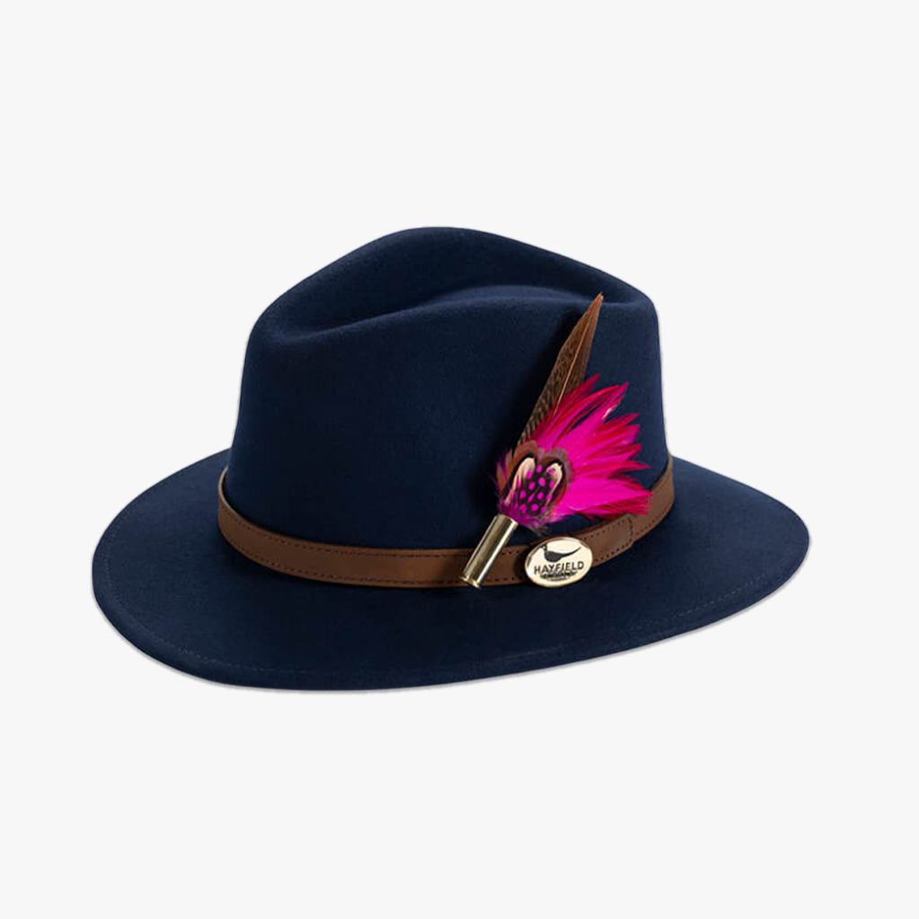 navy blue wool fedora hat with feather hat pin