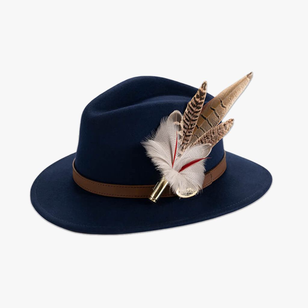 navy blue wool fedora hat with feather hat pin