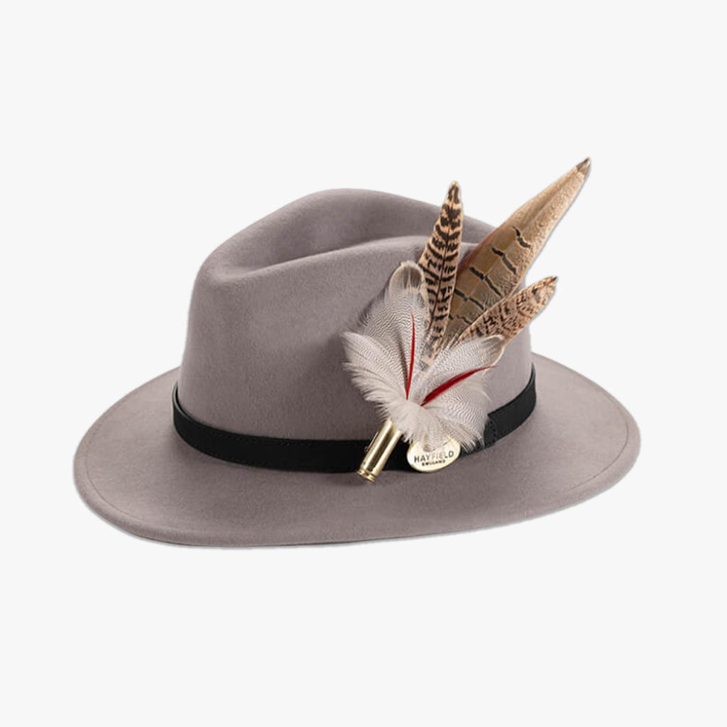 grey wool fedora hat with feather hat pin/brooch