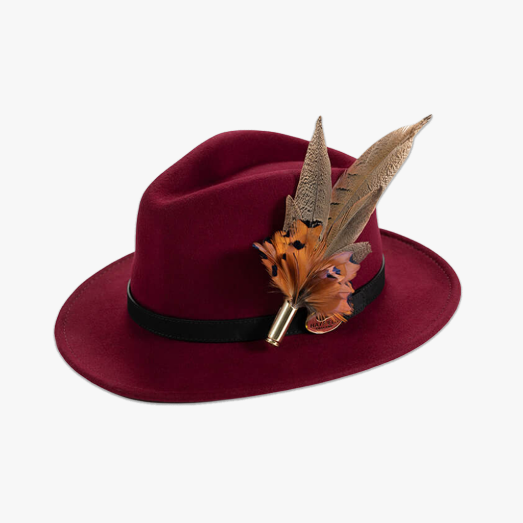 wine/burgundy wool fedora hat with feather hat pin/brooch