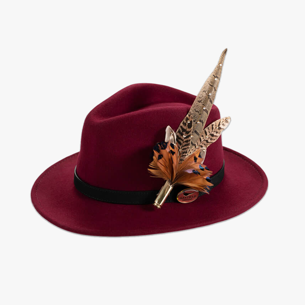 wine/burgundy wool fedora hat with feather hat pin/brooch