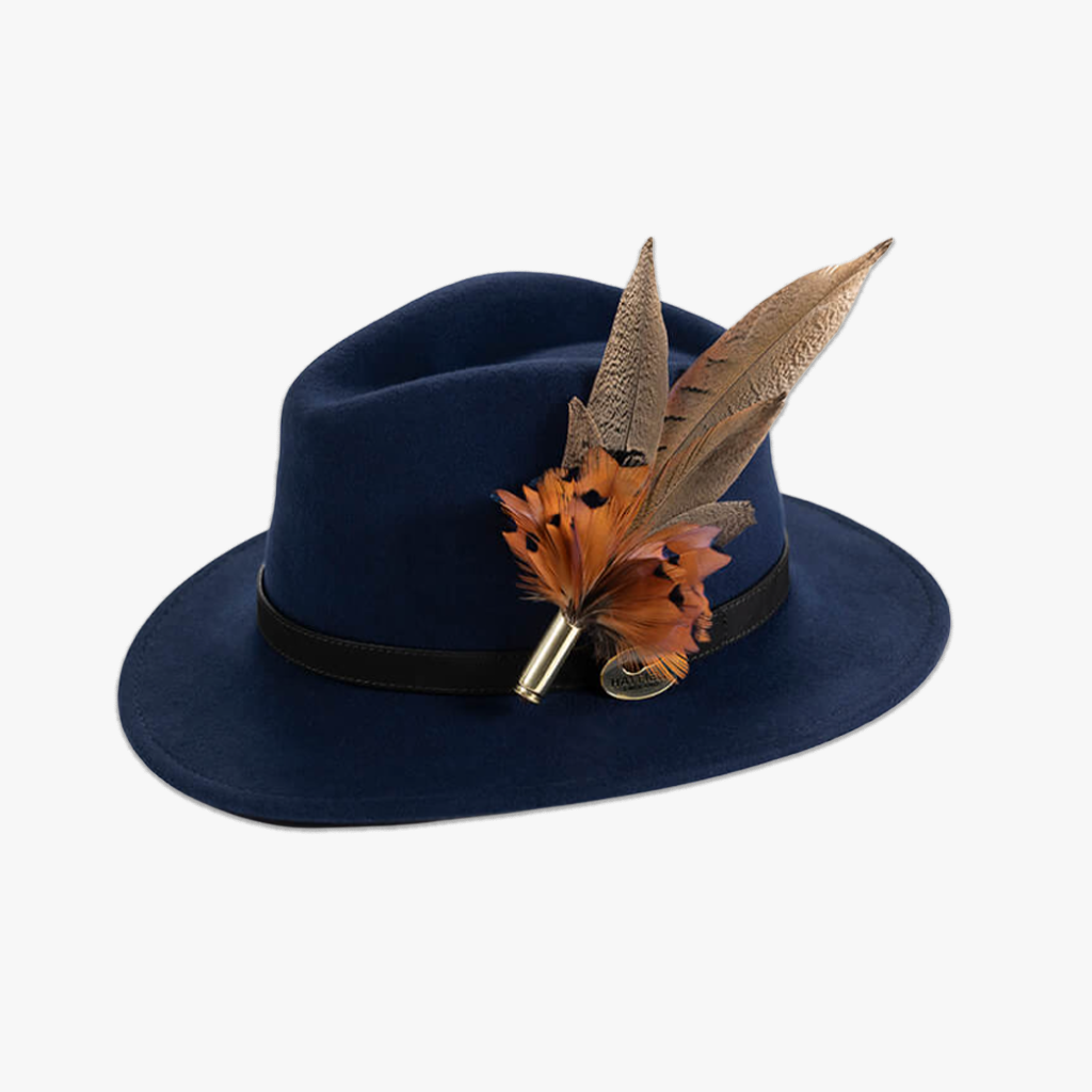 navy blue wool fedora hat with feather hat pin