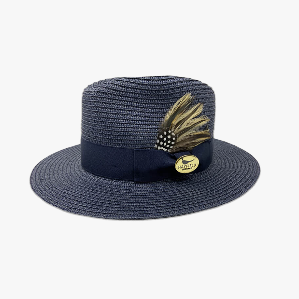 navy blue lightweight summer fedora hat paper hat panama/straw with feathers