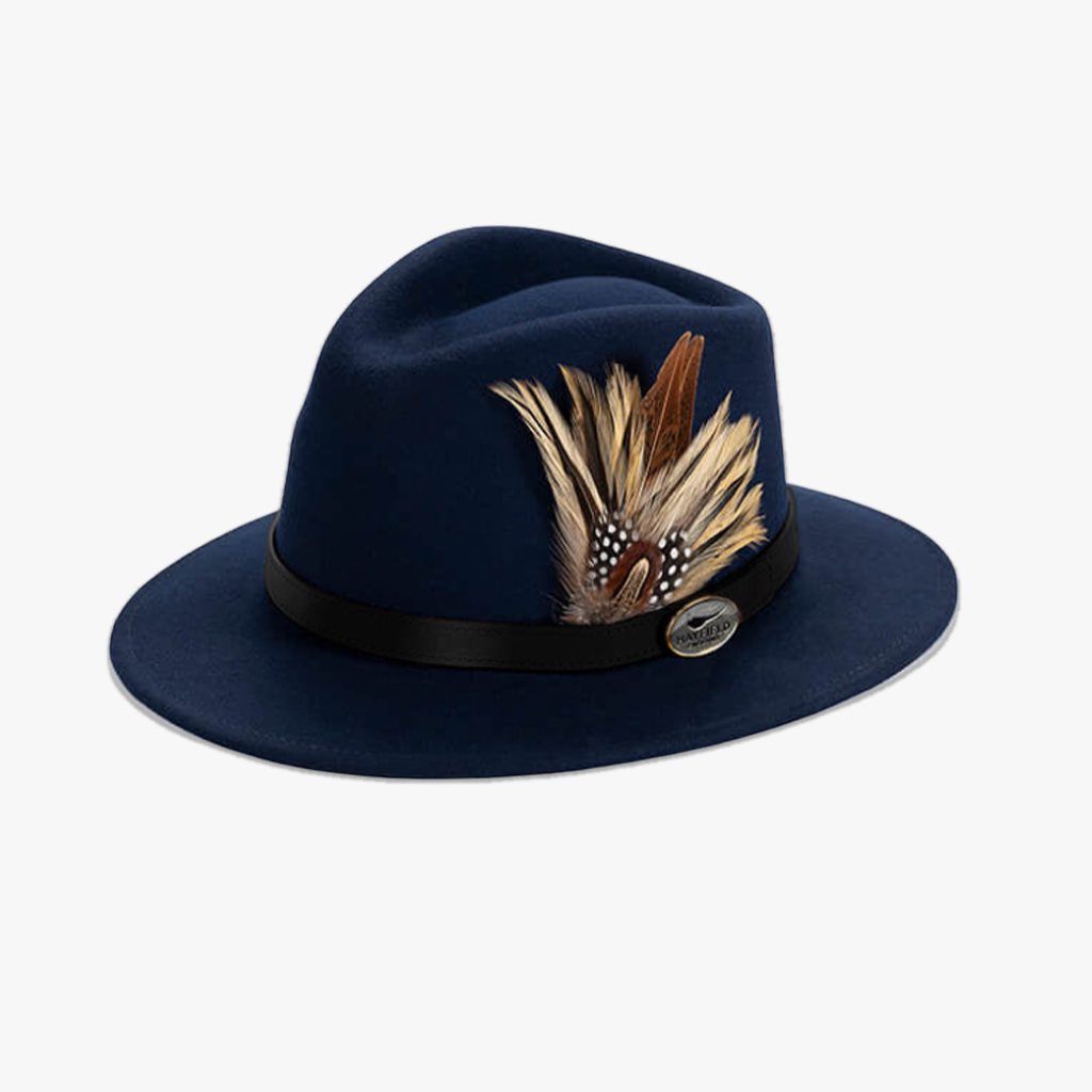 navy blue wool fedora hat with feathers