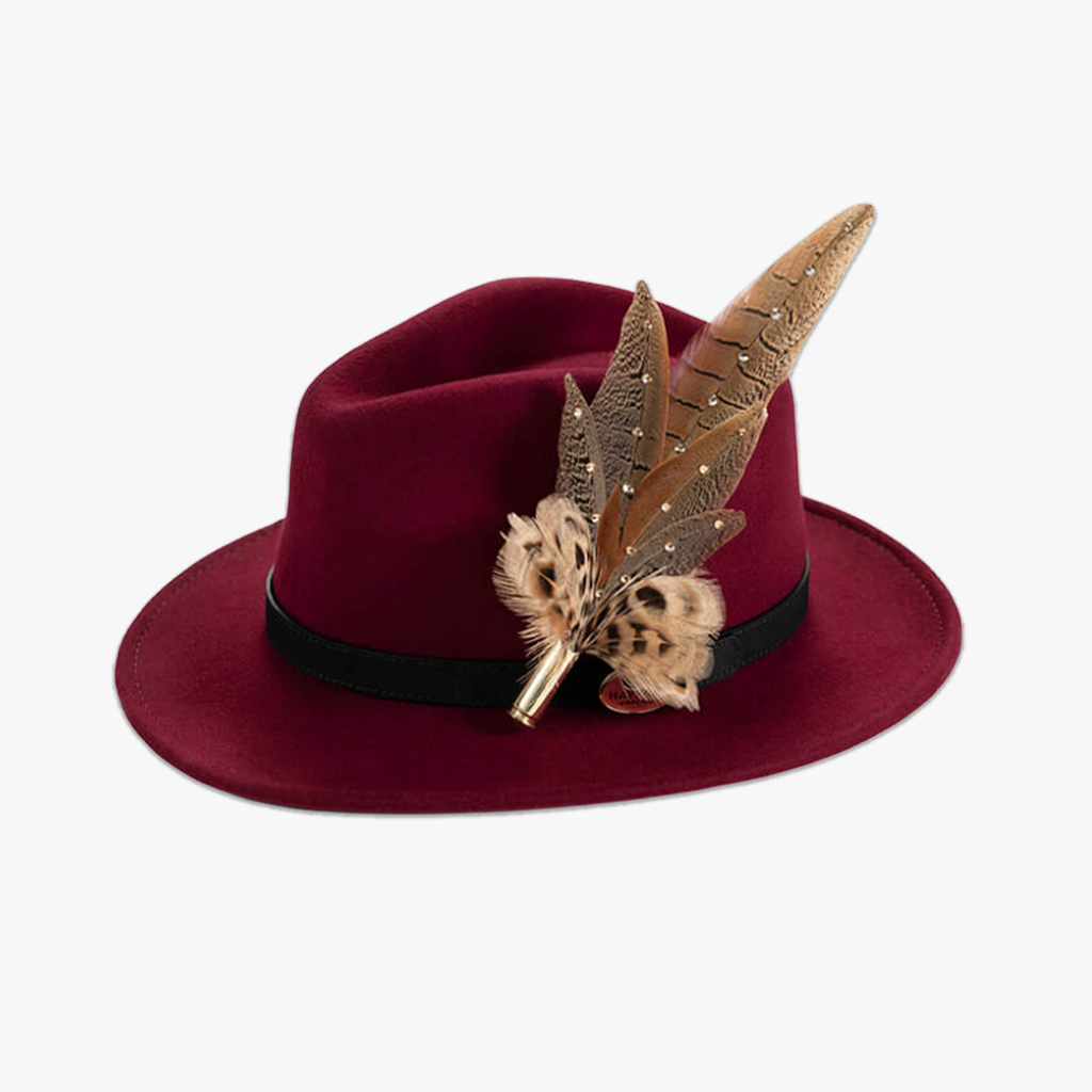 wine/burgundy wool fedora hat with feather hat pin/brooch