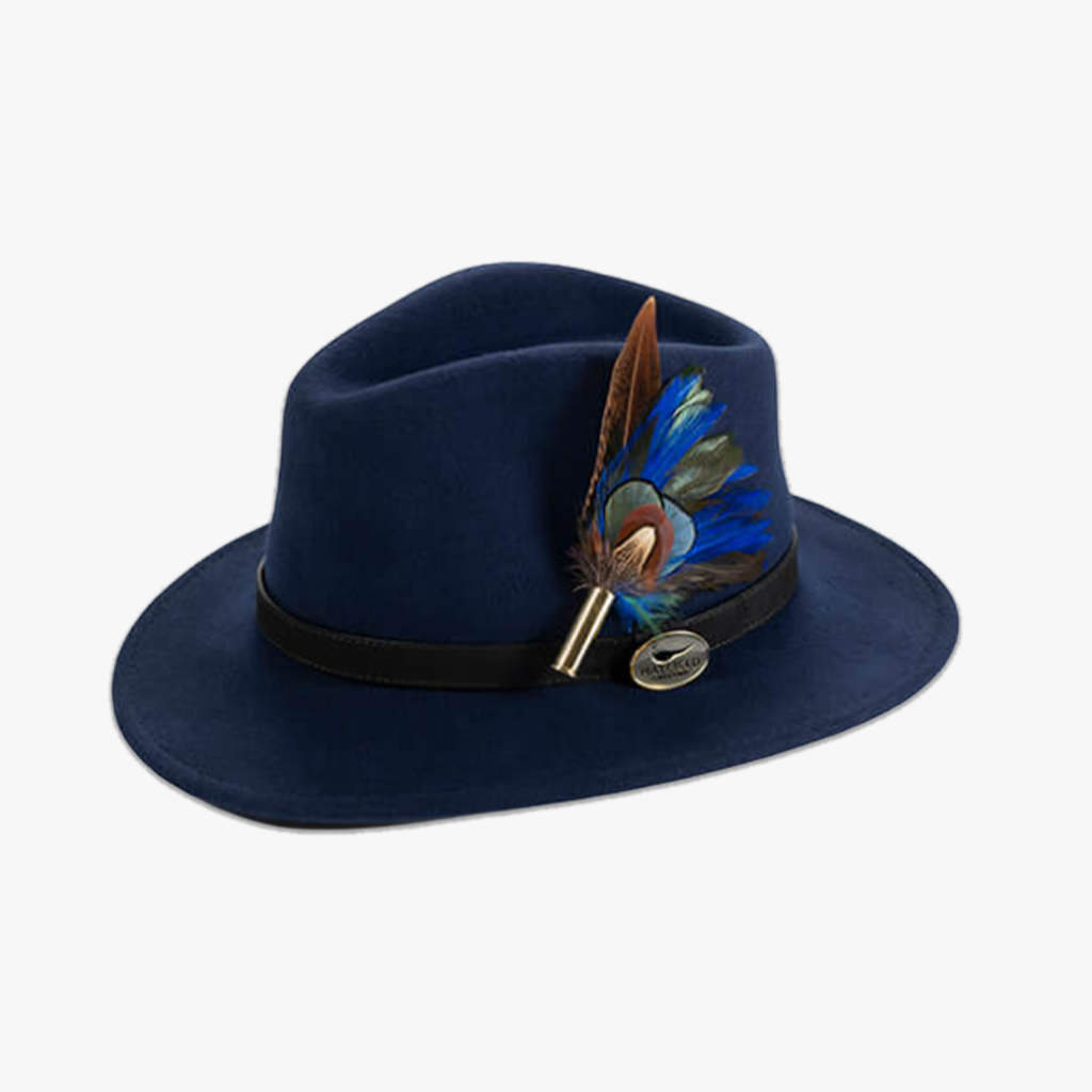 navy blue wool fedora hat with feather hat pin