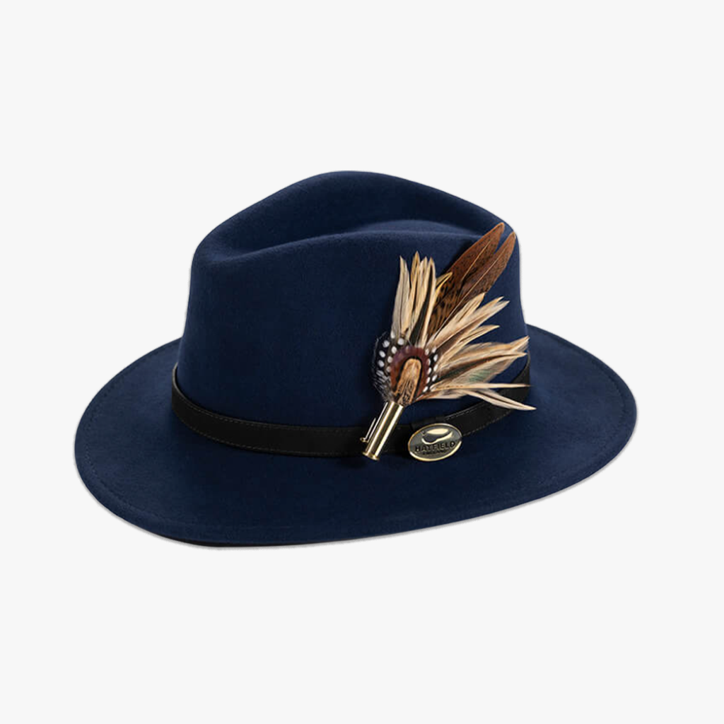 navy blue wool fedora hat with feather hat pin
