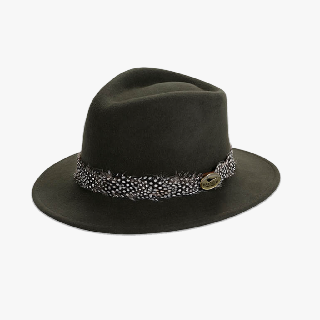 green guinea fowl feather wrap wool fedora hat