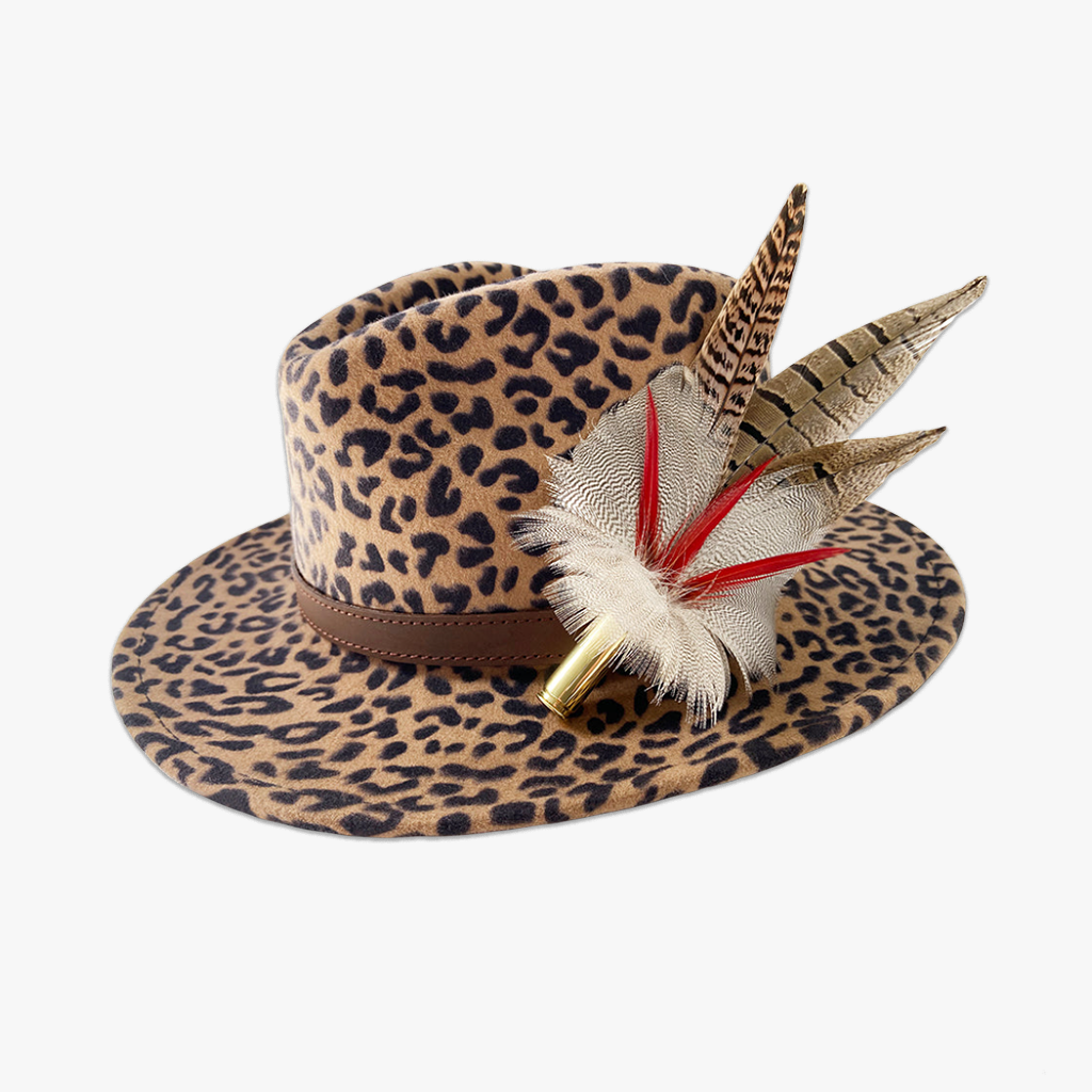 animal print wool fedora hat with feather hat pin/brooch