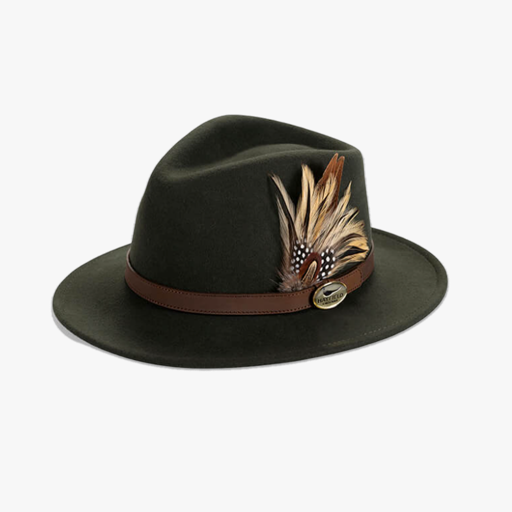 green wool fedora and feathers