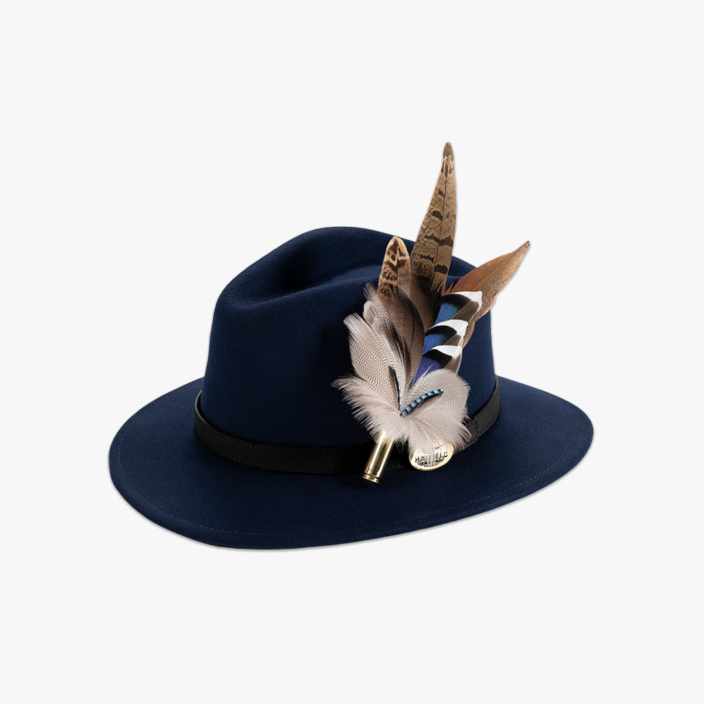 navy blue wool fedora hat with feather hat pin