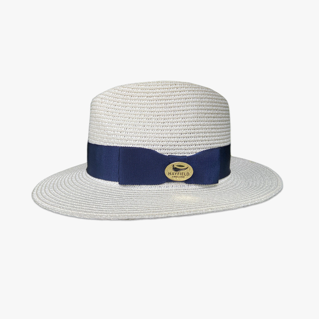 cream lightweight with navy ribbon summer fedora hat/panama