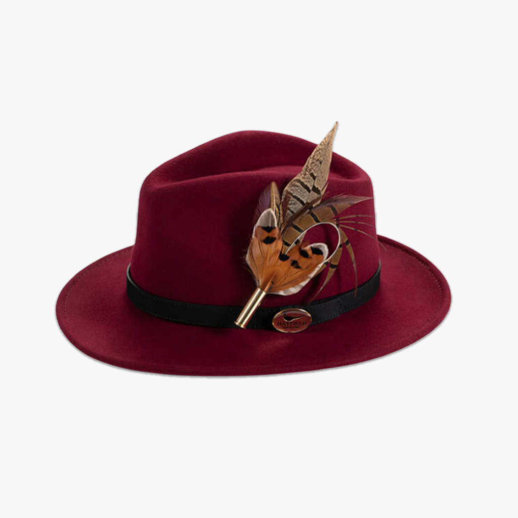 wine/burgundy wool fedora hat with feather hat pin/brooch