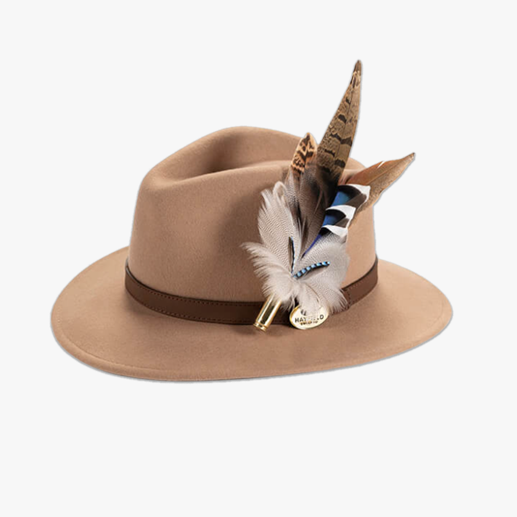 camel wool fedora hat with feather hat pin/brooch
