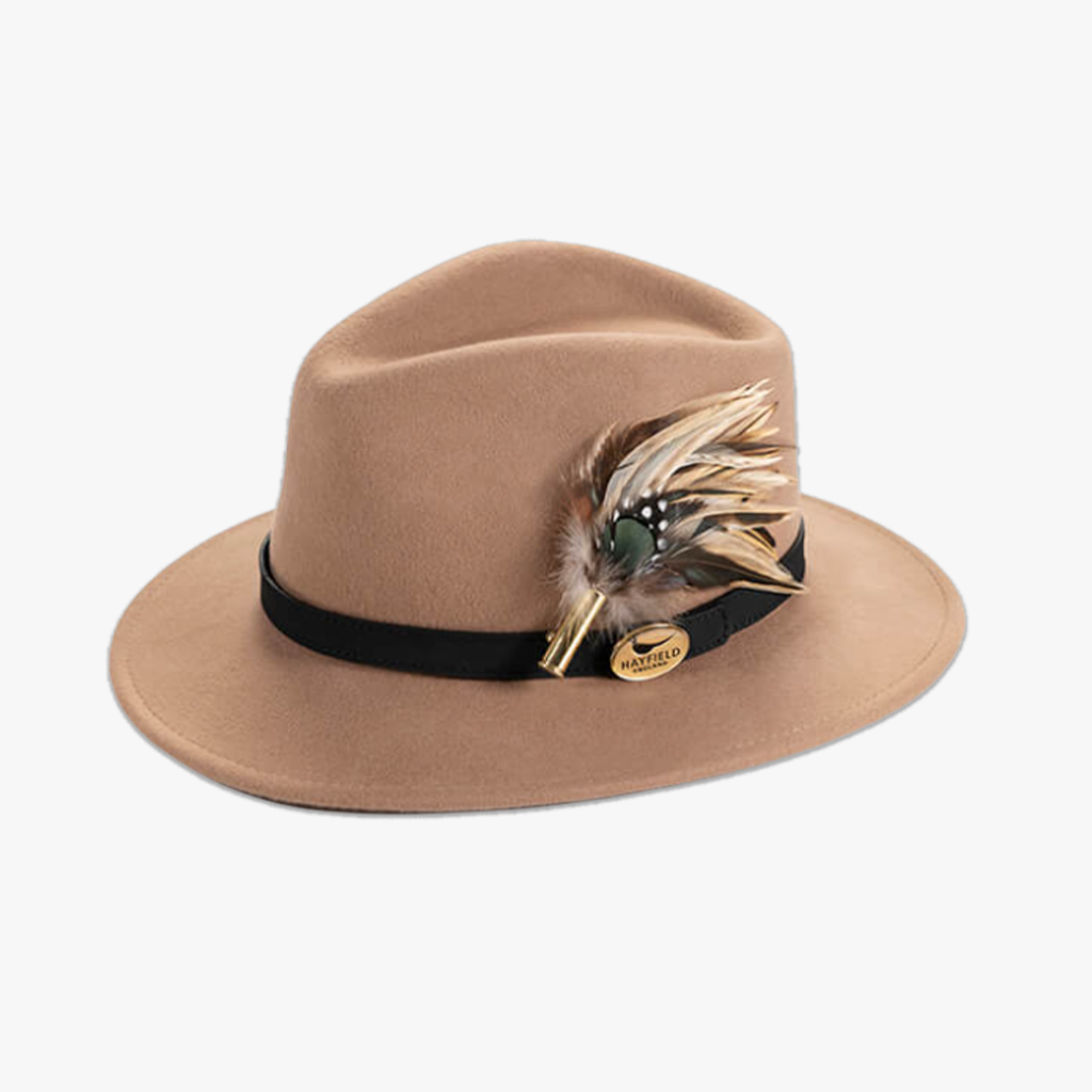 Camel Fedora with Feather Brooch – Hayfield England