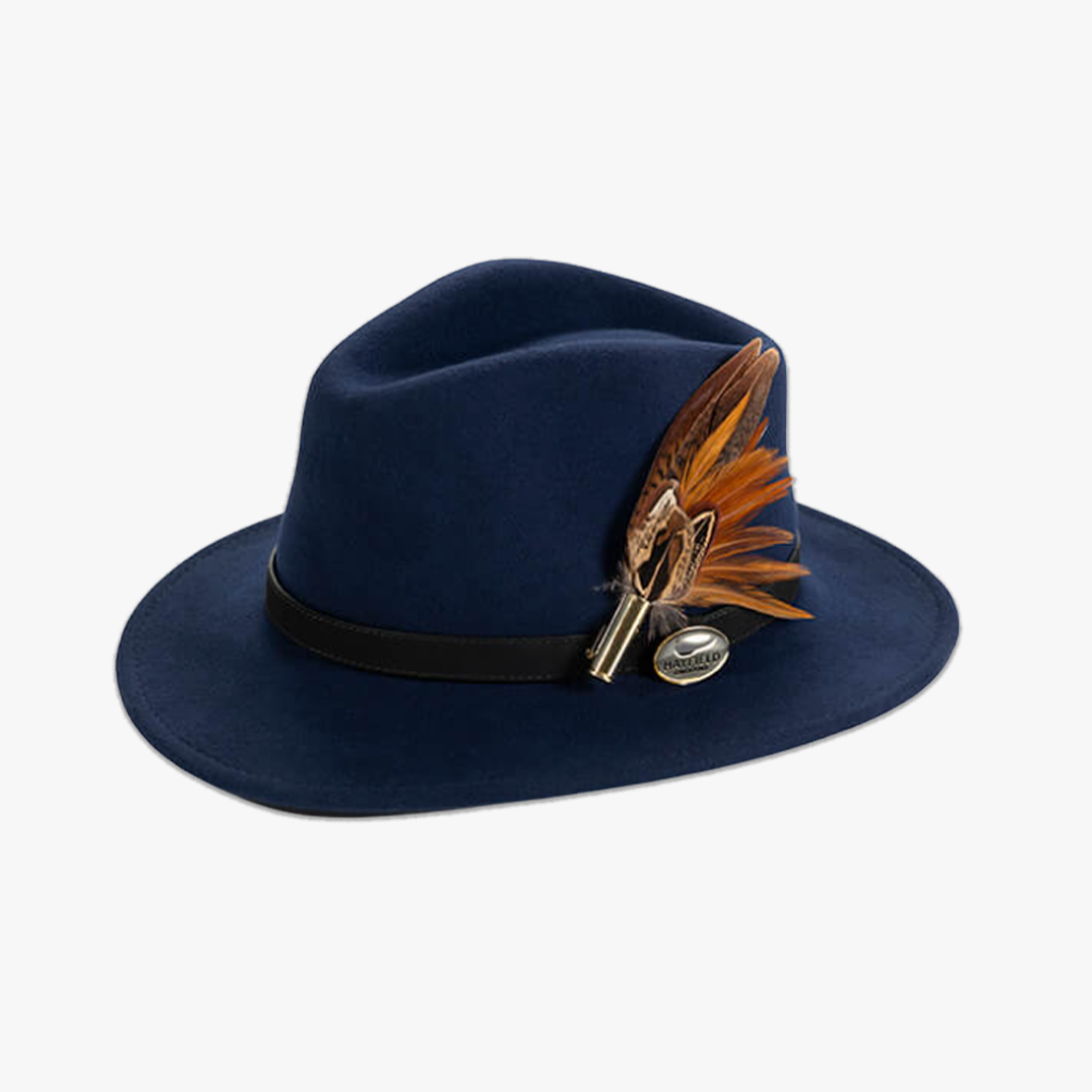navy blue wool fedora hat with feather hat pin