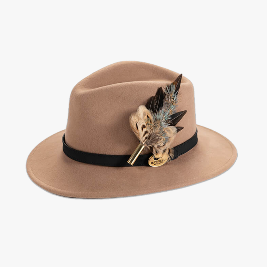 camel wool fedora hat with feather hat pin/brooch