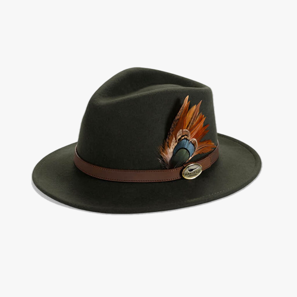 grey wool fedora and feathers