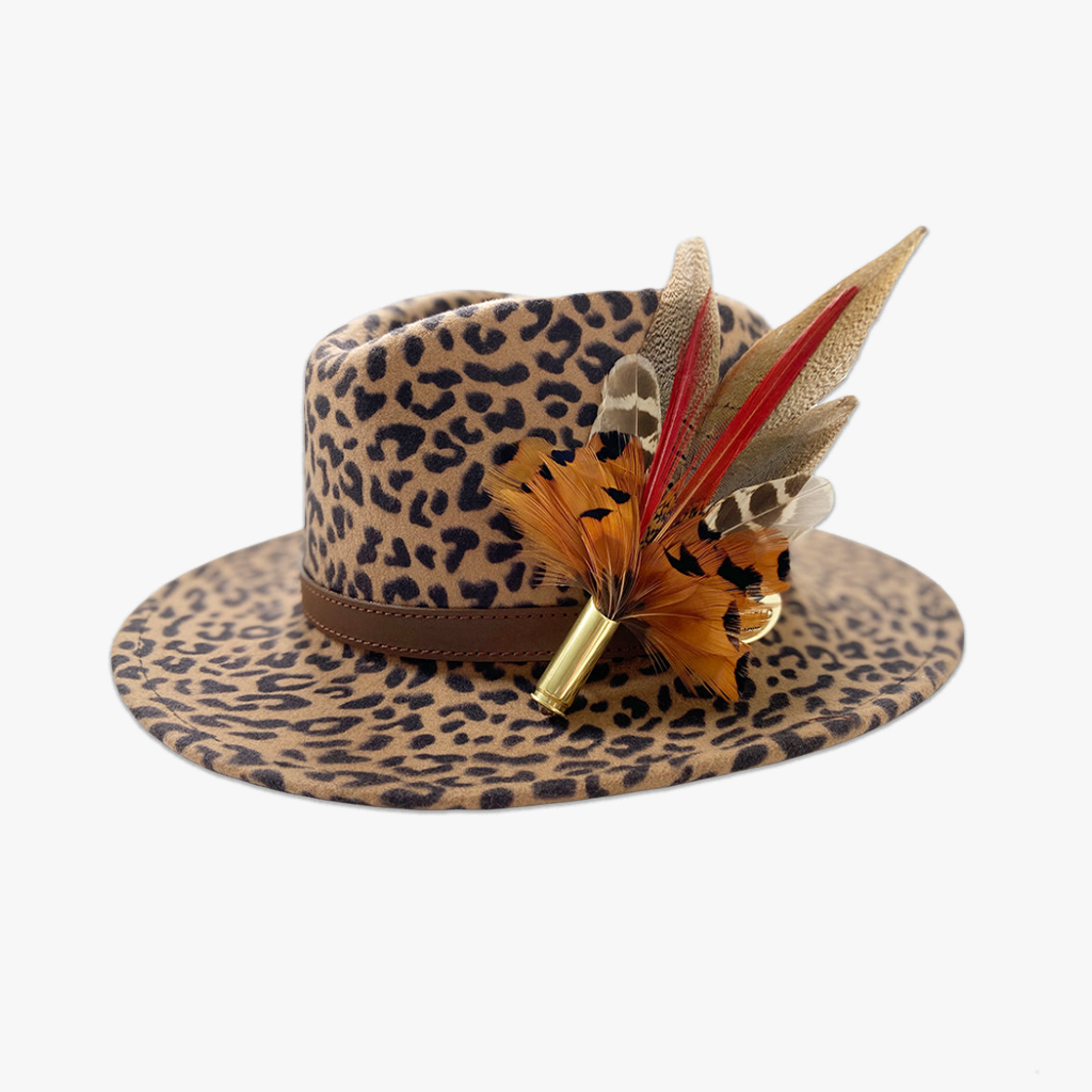 animal print wool fedora hat with feather hat pin/brooch