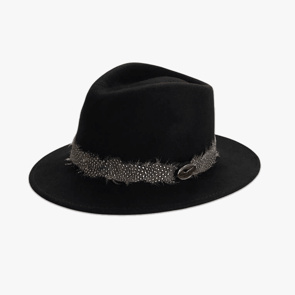 Black Fedora  hat with Guinea Fowl Wrap - Hayfield England