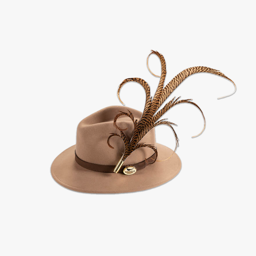 camel wool fedora hat with feather hat pin/brooch