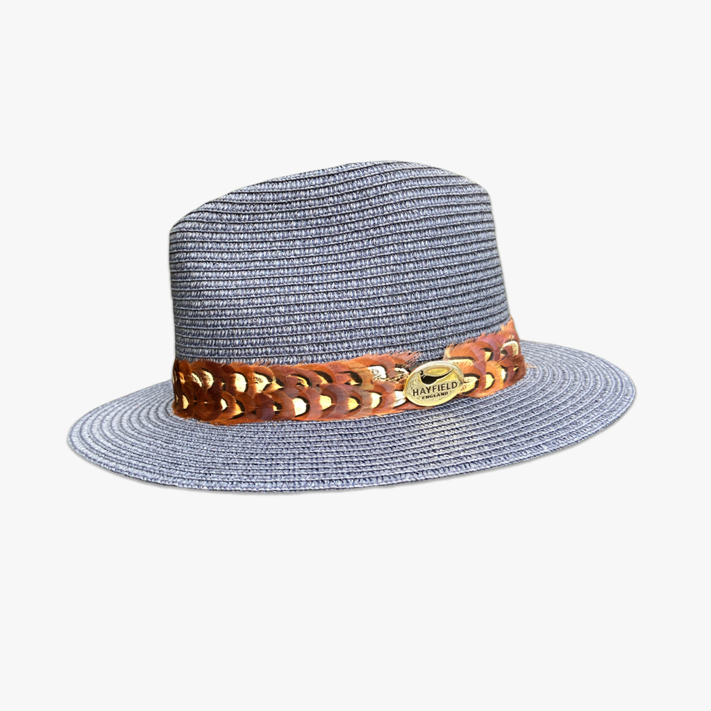pheasant feather wrap navy lightweight summer fedora straw hat