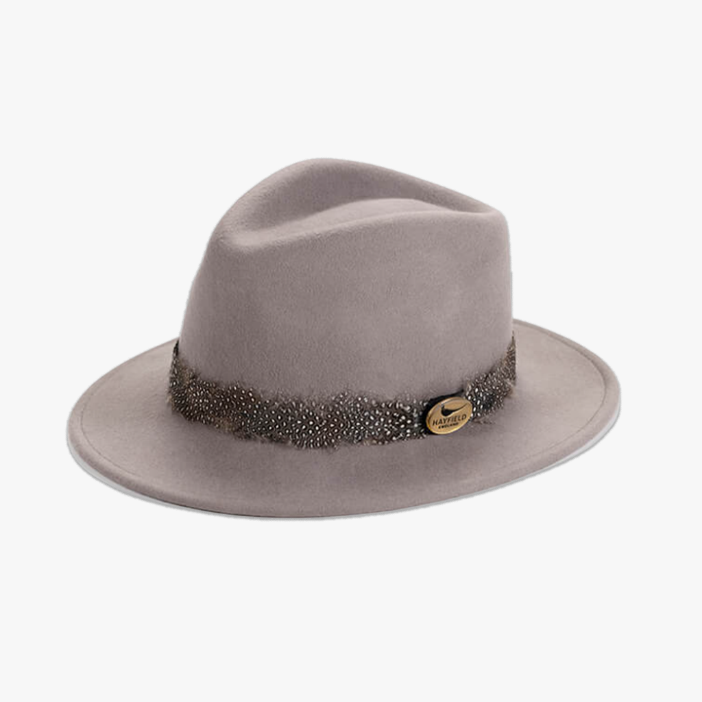 grey guinea fowl feather wrap wool fedora hat