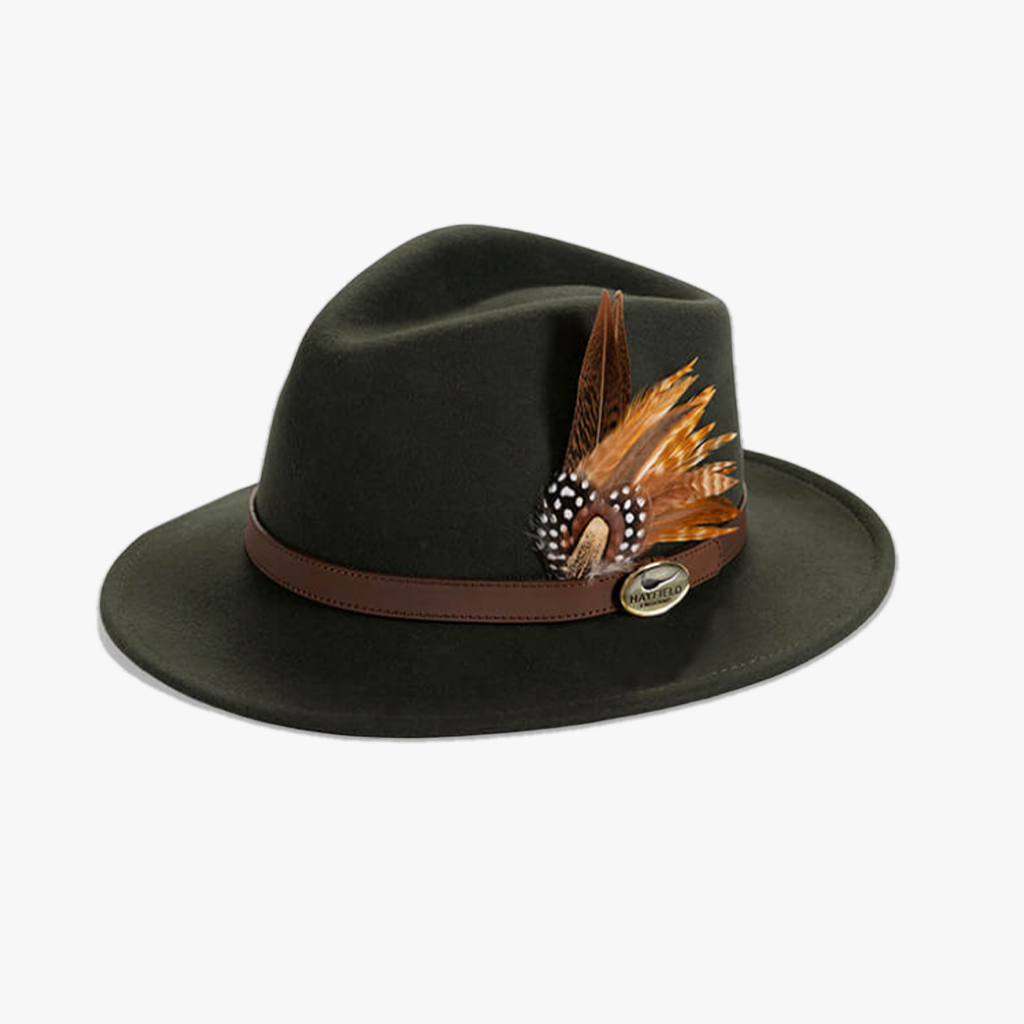 green wool fedora hat with feathers