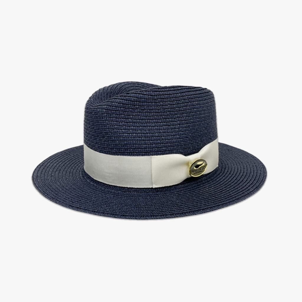 cream ribbon navy blue lightweight summer fedora hat paper hat panama/straw
